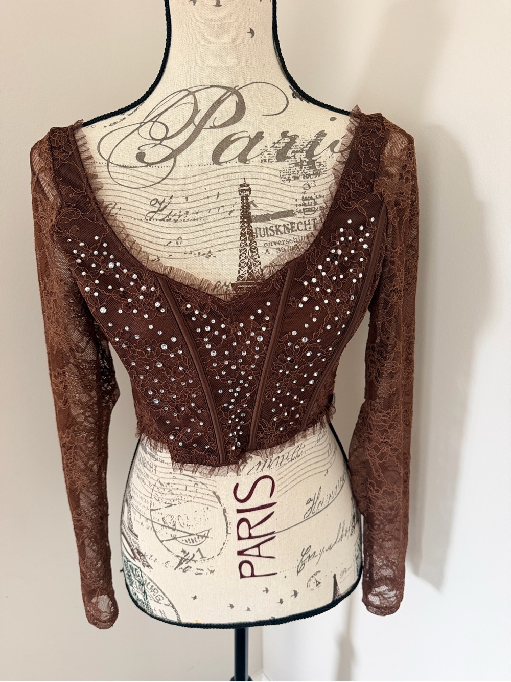 VICTORIAS SECRET Dream Angels Brown Long Sleeve Rhinestone Lace Corset Top Large